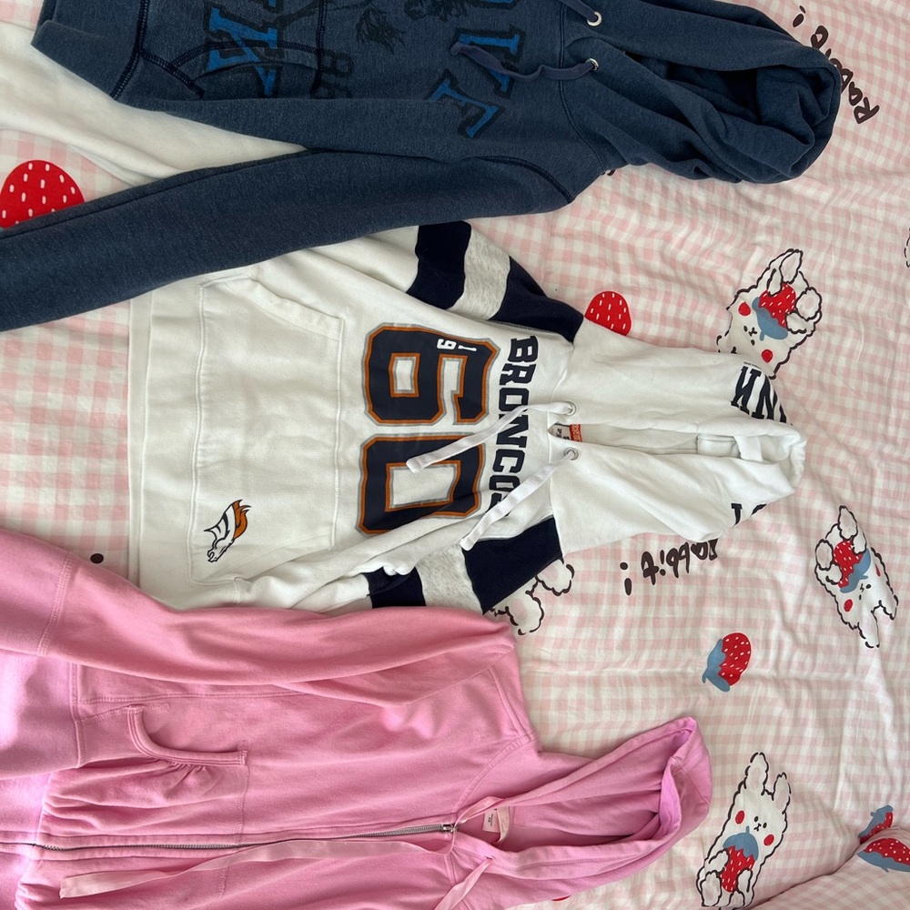 three PINK Victoria secret size XS hoodie bundle!!🤍💗💙. Broncos